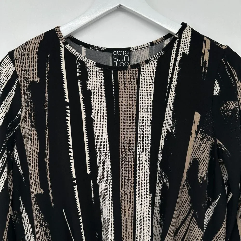 Clara Sun Woo Top Shirt Size XS Stretch Knit 3/4 Flare Sleeve Black Beige Blouse
